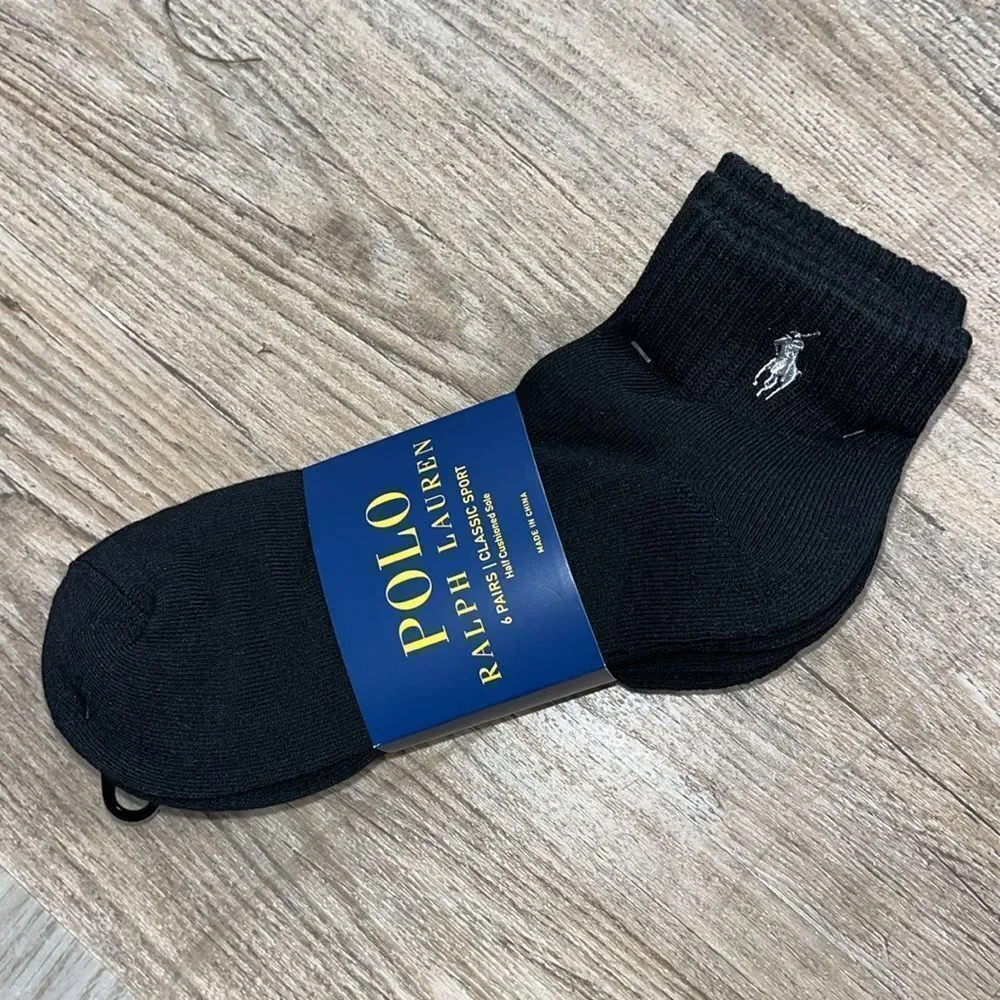 New Black w/ Polo Pony Ralph Lauren 6 Pack Ankle Classic Sport Socks 10-13 Blend